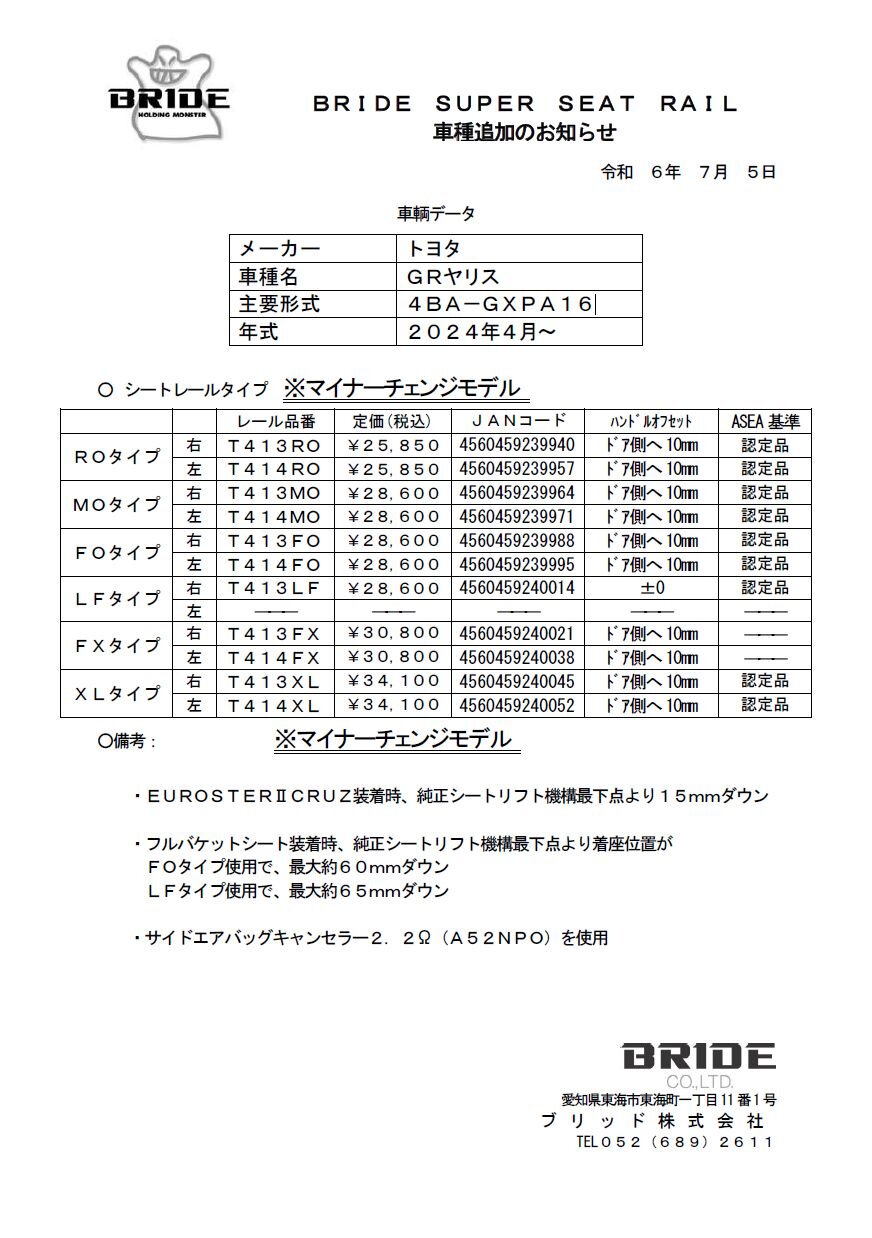 車種追加のお知らせ【トヨタGRヤリス[4BA-GXPA16]2024年04月
