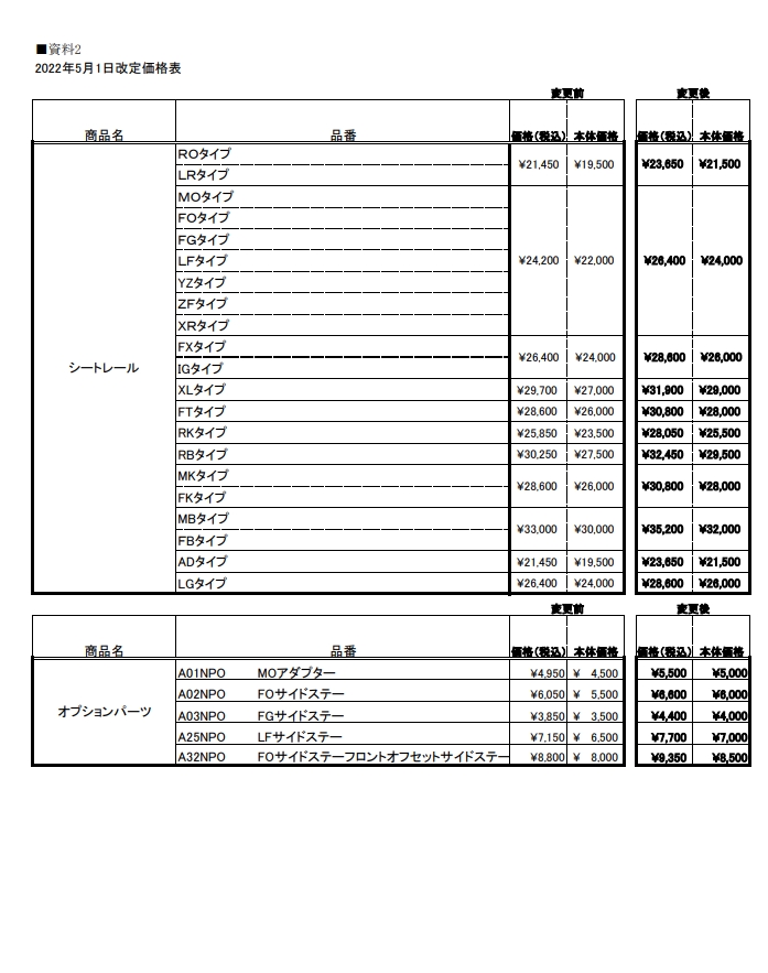 価格改定のご案内】および【新価格表】|BRIDE：ブリッドから試座やキャンペーンのお知らせです